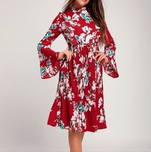 LULU'S Glory Wine Red Floral Print Pleated Midi Dress